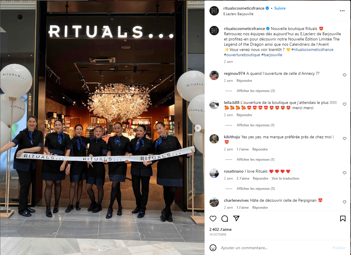 L'ouverture d'une boutique Rituals annoncée sur son compte Instagram.